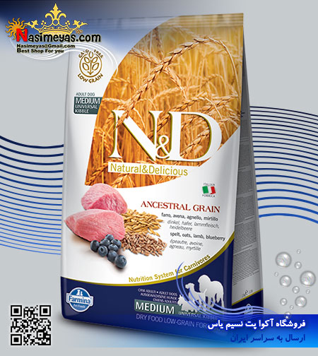 فروش غذاي سگ بالغ نژاد متوسط با گوشت بره و بلوبری 2.5 کیلوگرم ان اند دی فارمینا