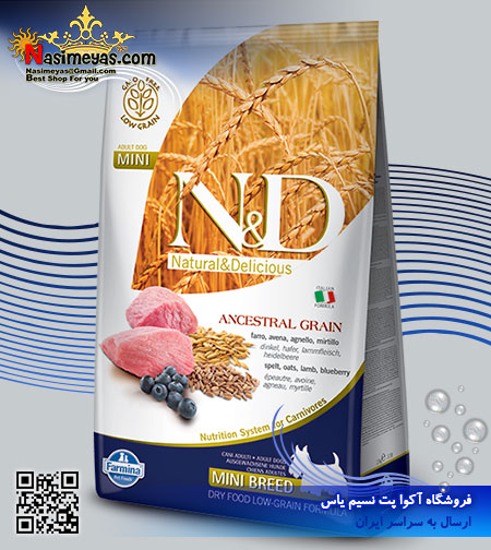 فروش غذاي سگ بالغ نژاد کوچک با گوشت بره و بلوبری 800 گرم ان اند دی فارمینا