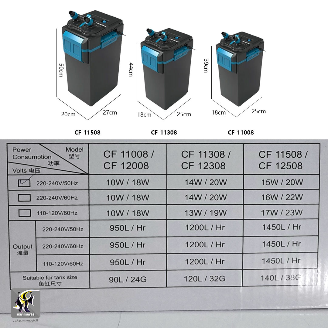 مشخصات فیلتر سطلی با محل نصب بخاری و شلنگ co2 ورژن 2 دفین